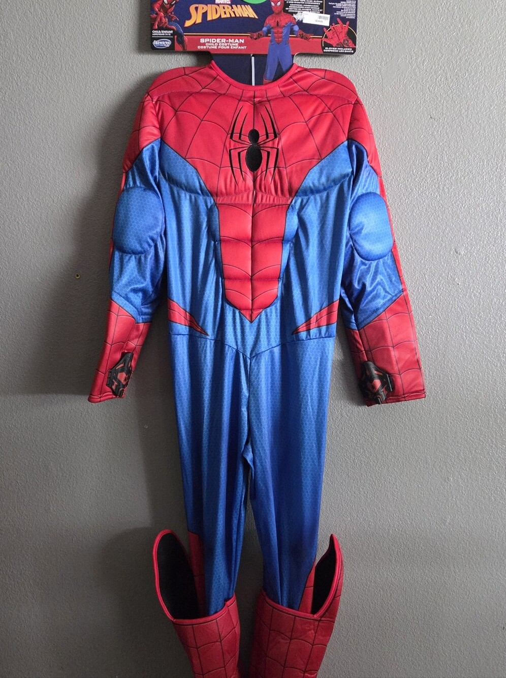 Spiderman Halloween Costume Large 10-12 Suit Gloves Mask Muscle Shoe Covers Kids